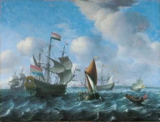 Ein Kriegsschiff, möglicherweise Het Wapen van Utrecht, ein Wijdschip und eine Spiegelsloep bei starkem Wind, 1671