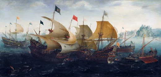 Die Schlacht von Cádiz (Niederländische und Englische Schiffe greifen die Spanische Armada an)
