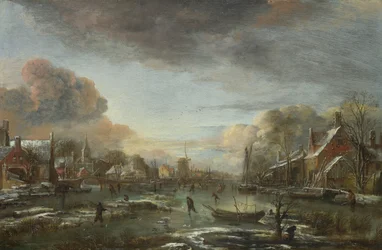 Ein gefrorener Fluss bei einer Stadt am Abend, ca. 1665