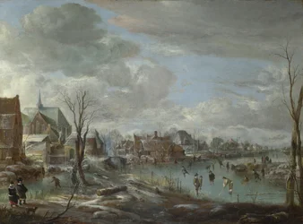 Ein zugefrorener Fluss in der Nähe eines Dorfes, mit Golfern und Schlittschuhläufern
