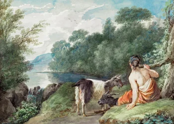 Hirtin mit Ziegen in einer Landschaft mit einem See