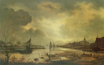 Niederländische Stadt an einem Fluss im Mondlicht