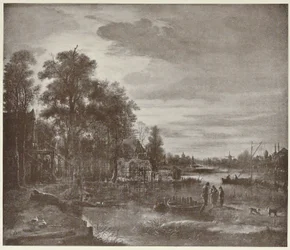 Mondschein Flusslandschaft mit Figuren