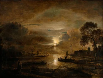 Mondlicht an einem niederländischen Fluss, ca. 1650