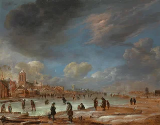 Winterlandschaft bei einer Stadt mit Kolfspielern