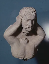 Dämon, der seinen Kopf abnimmt, griechisch-buddhistischer Stil, aus Hadda, 1.-4. Jahrhundert