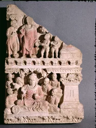 Szenen aus dem Leben Buddhas: Das Angebot einer Schale Staub und die erste Predigt, griechisch-buddhistischer Stil, aus Hadda