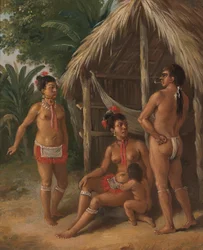 Eine Karibische Familie von den Leeward-Inseln vor einer Hütte