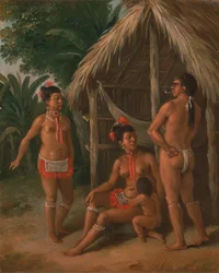 Eine Karibenfamilie der Leeward-Inseln vor einer Hütte, ca. 1780