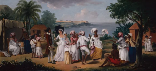 Tanz Schwarzer Menschen auf der Insel Dominica, dahinter Fort Young