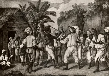 Stockkampf zwischen Schwarzen Engländern und Franzosen auf der Insel Dominica, Santo Domingo