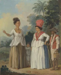 Westindische farbige Frauen mit einem Kind und einem Schwarzen Diener