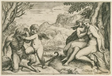 Omnia vincit Amor (Amor überwältigt Pan, rechts zwei Nymphen unter einem Baum, in einer Landschaft)