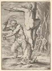 Satyr peitscht eine Nymphe, die von hinten gezeigt und an einen Baum gebunden ist