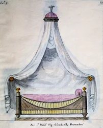 Himmelbett für Herrn Brancadori, aus Lavori di falegname e Fabbro ideati e disegnati da me Agostino Fantastici, Manuskript 3, Tafel 4
