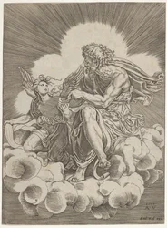 St. Matthäus, auf einer Wolke sitzend und eine Feder in ein Tintenfass tauchend, gehalten von einem Engel..., ca. 1518-20