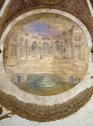 Schützezeichen (aufsteigende Arcturus-Konstellation) Ostwand: Fähigkeit, Wächter königlicher Gebäude zu werden. Hier sehen wir den Palast des Te. Fresko von Agostino da Mozzanega (aktiv von 1527 bis 1539) 1528 Halle der Winde (oder des Tierkreises) Te-Pala