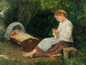 Strickendes Mädchen, Kleinkind in der Wiege hütend