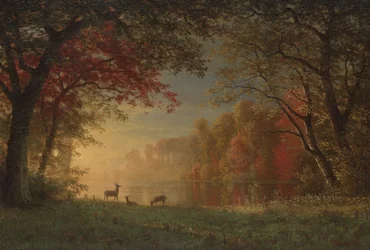 Indischer Sonnenuntergang: Hirsche an einem See, ca. 1880-90