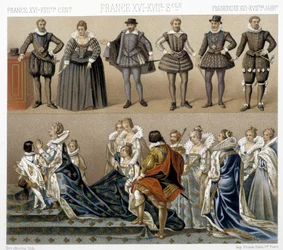 Kostüme von Königin Marguerite von Frankreich (unten) und Heinrich IV. (oben) im 17. und 18. Jahrhundert. Illustration in „Le costume historique“ von Racinet
