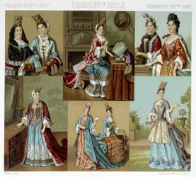 Mode und Frisuren in Frankreich im 18. Jahrhundert - in „Le costume historique“ von Racinet, späte 19. Jahrhundert