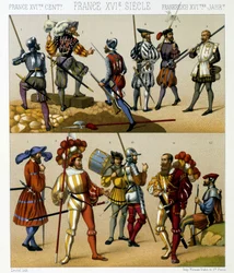 Französische Militärkostüme im 16. Jahrhundert. Chromolithographische Platte - in „Le costume historique“ von Racinet