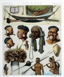 Ureinwohner von Brasilien und Paraguay. Illustration in „The historical costume“ von Racinet