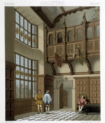 Innenraum eines herrschaftlichen Hauses in England im 18. Jahrhundert. Illustration in „Le costume historique“ von Racinet