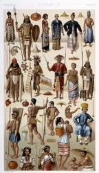 Menschen aus Malaysia und Polynesien (Ozeanien). Illustration in „Le costume historique“ von Racinet