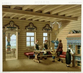 Russische Familie in einer typischen Residenz in Russland im 19. Jahrhundert. Chromolithographische Platte - in „Le costume historique“ von Racinet