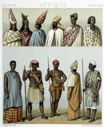 Traditionelle Kostüme Senegals. Illustration in „Le costume historique“ von Racinet