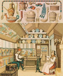 Holzhaus in Schweden, Illustration aus Die vollständige Kostümgeschichte von Auguste Racinet