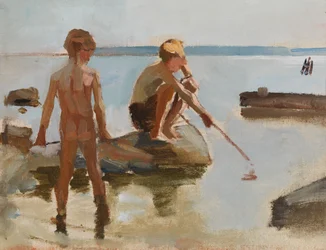 Skizze für Jungen, die am Ufer spielen