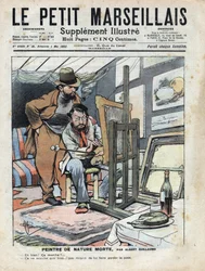 Ein Maler in einem Dachboden malt Stillleben, die Weinflasche und der Kuchen, die als Modell dienen, bleiben nicht still. Illustration von Albert Guillaume (1873-1942) aus „Le Petit Marseillais“ 04/05/1902