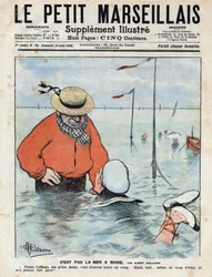 Kleine komische Szene, die eine Dame zeigt, die unter den Augen eines anderen Schwimmers, eines Trinkliebhabers, schwimmen lernt. Illustration von Albert Guillaume aus „Le petit Marseillais“ 24/08/1902