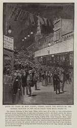 Szene bei Nacht in der King Street, Sydney, während die Ergebnisse der Parlamentswahl in New South Wales bekannt gegeben wurden