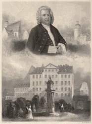 Porträt von Johann Sebastian Bach, Bachs Denkmal und die Thomaskirche und -schule in Leipzig, ca. 1860
