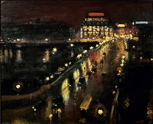 Die Pont Neuf in Paris bei Nacht, die Samaritaine im Hintergrund beleuchtet