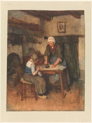 Interieur mit bügelnder Frau und nähendem Kind
