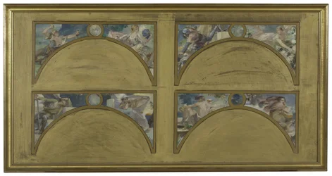 Skizze für den Salon des Lettres im Pariser Rathaus: Die großen literarischen Werke (La Chanson de Roland, Le Misanthrope, Eviradnus, Mimi Pinson, Le Cid, Phèdre, Pantagruel, La Cigale), ca. 1890