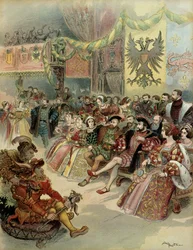 Ball am Hof des Königs von Frankreich, Franz I. (1494-1547), in Anwesenheit von Karl V. (1500-1558), König von Spanien und Kaiser des Heiligen Römischen Reiches Deutscher Nation, im Schloss von Fontainebleau, im Jahr 1539. Illustration