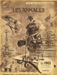 Erste Veröffentlichung des prophetischen Zukunftsromans „En 1965“ von Albert Robida (1848-1926) im Jahr 1919 in der Zeitschrift „Annales Politiques et Littéraires“ - Paris leidet unter Verkehrsstaus... im Himmel! Selbstfliegende und Taxi-Flugzeuge