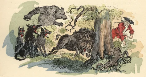 Illustration von Albert Robida in „Geschichte und Abenteuer des Baron von Münchhausen“, H. Laurens Ed., Ende des 19. Jahrhunderts.