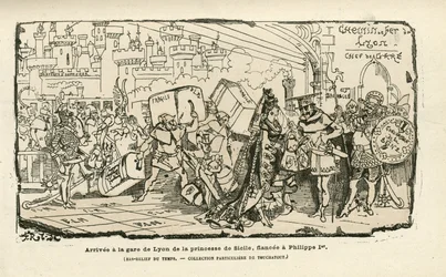 Illustration von Albert Robida (1848-1926) in Histoire de France tintamarresque, ca. 1880 - Gare, Ancien regime, Sizilien - Philippe I