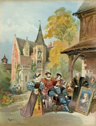 König Franz I. (1494-1547) kauft die Mona Lisa von Leonardo da Vinci (1452-1519) in der Nähe des königlichen Schlosses Amboise zwischen 1516 und 1519. Illustration