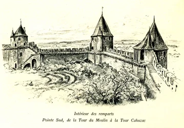 Mittelalterliche Stadt Carcassonne (Aude, Languedoc, Pays Cathare) - Inneres der Stadtmauern, Südspitze, vom Turm du Moulin bis zum Turm Cahuzac - Standort des Freilichttheaters - romantische Gravur von Albert Robida (1848-1926) in einem Buch, das zu Begin