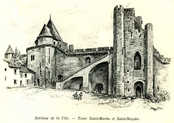 Mittelalterliche Stadt Carcassonne (Aude, Languedoc, Pays Cathare) - Türme Saint Martin und Saint Nazaire mit Häusern, die an die Stadtmauern gebaut sind - romantische Gravur von Albert Robida (1848-1926) in einem Buch, das zu Beginn des 20. Jahrhunderts v