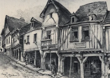 Rue Poterie in Fougeres im Departement Ille-et-Vilaine - La vieille France - La Bretagne - Text, Zeichnungen und Lithographien von Albert Robida (1848-1926)