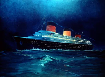 Französischer Liner Normandie bei Nachtüberfahrt, 20. Jahrhundert