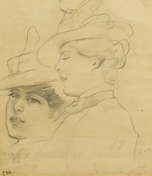 Kopf einer Frau mit verziertem Hut, Profil- und Dreiviertelansicht, ca. 1900